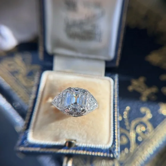 Antique Platinum Emerald Cut Diamond 2.91 ctw Engagement Ring IGI Certified - Picture 9 of 17